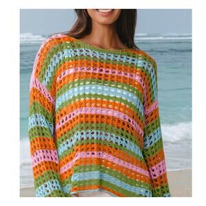 Carrot Drop Shoulder Multi-Color Stripe Open Knit Sweater Womens Medium Cover Up